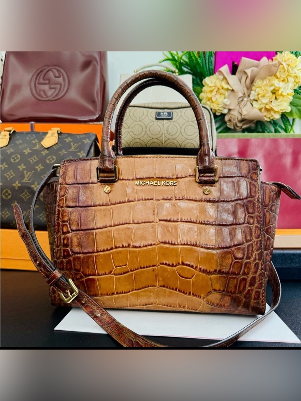 Michael Kors Brown Croc-Embossed Satchel